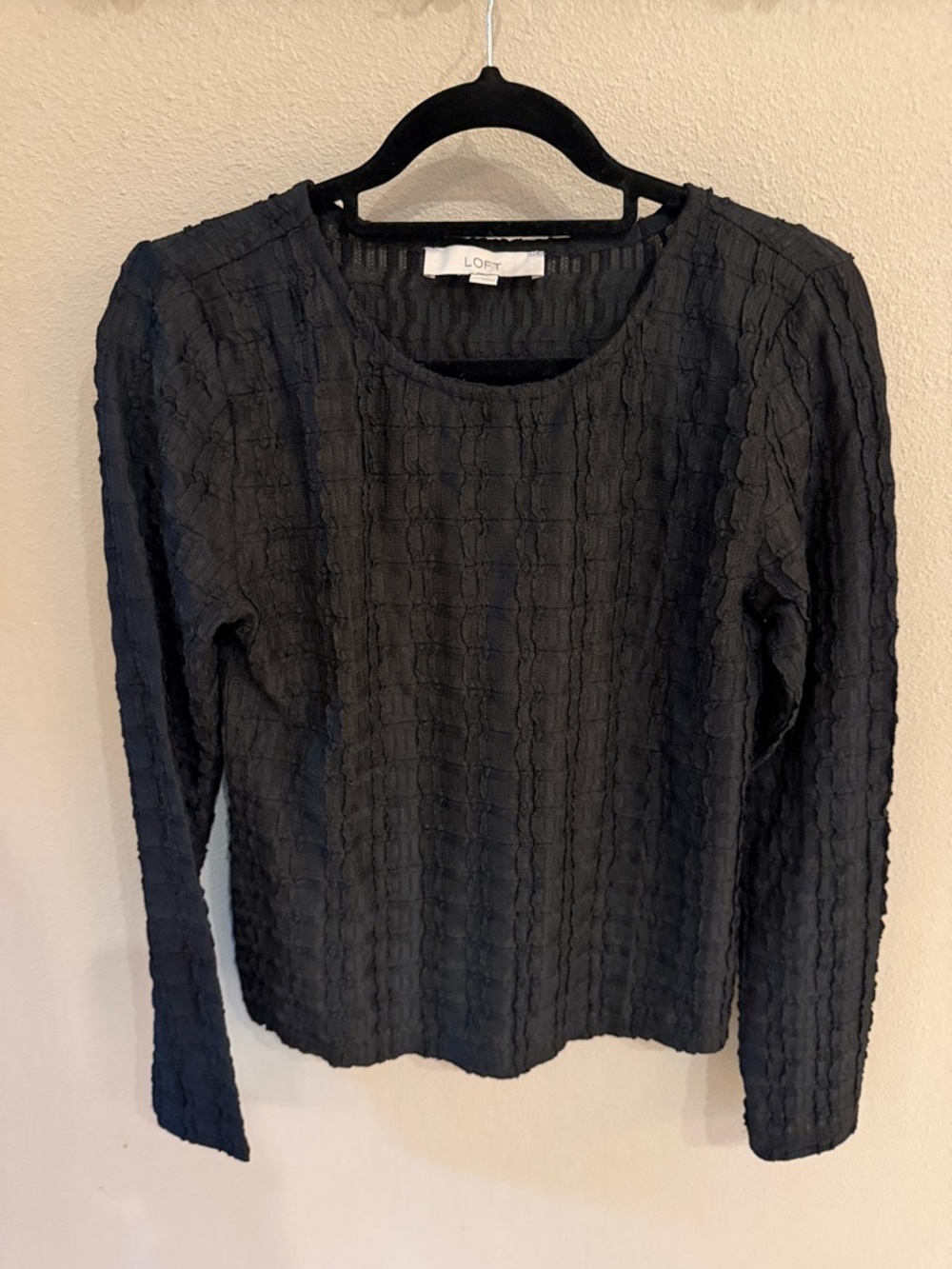 LOFT Black Textured Scoop Neck Long Sleeve Top